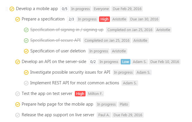 Subtasks attributes